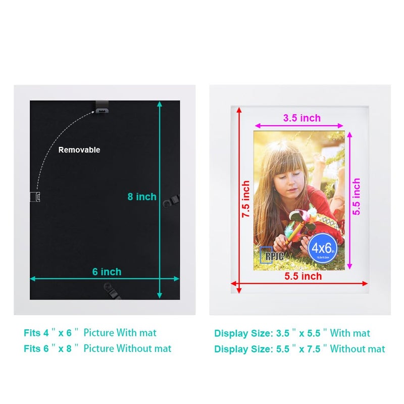 RPJC 6x8 inch Picture Frame Made of Solid Wood and High Definition Glass Display Pictures 4x6 with Mat or 6x8 Without Mat for Wall Mounting Photo Frame White - Image 4